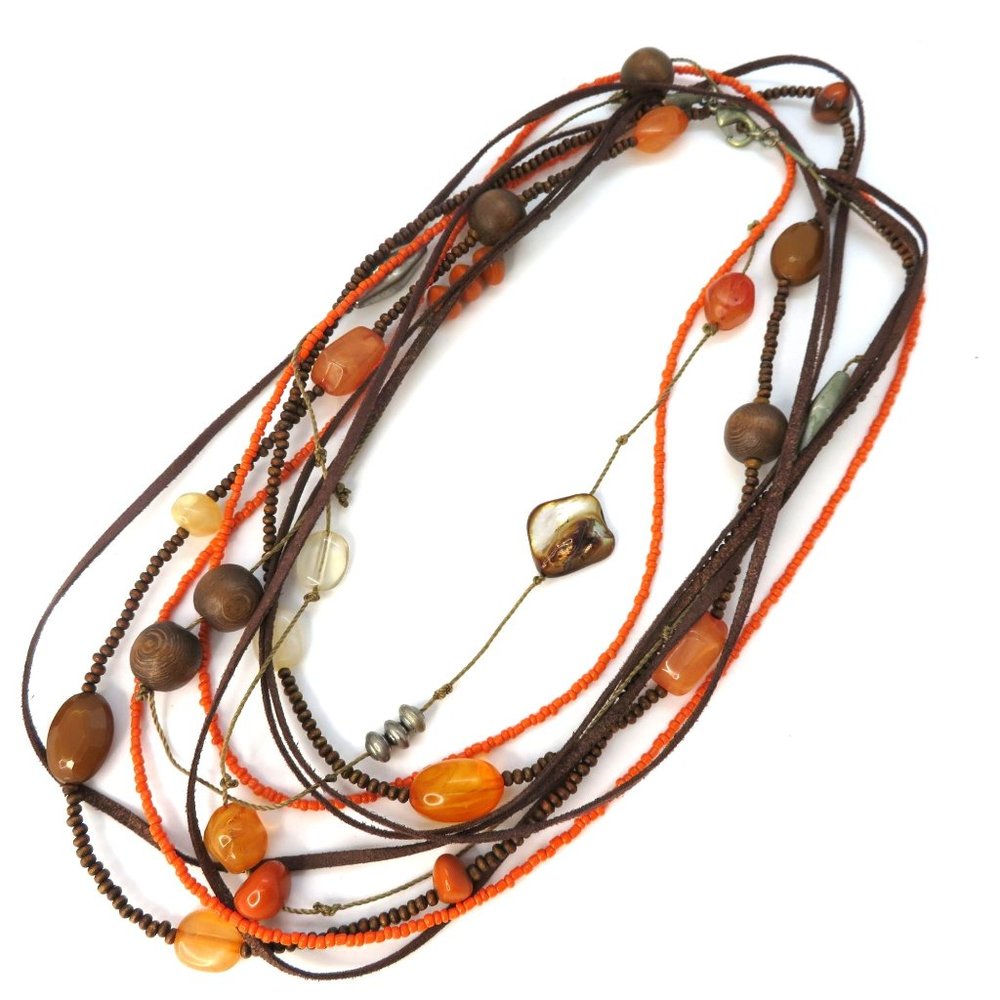 Long Handcrafted Multi Strand Necklace Leather Wood Glass Beads Vintage 90s